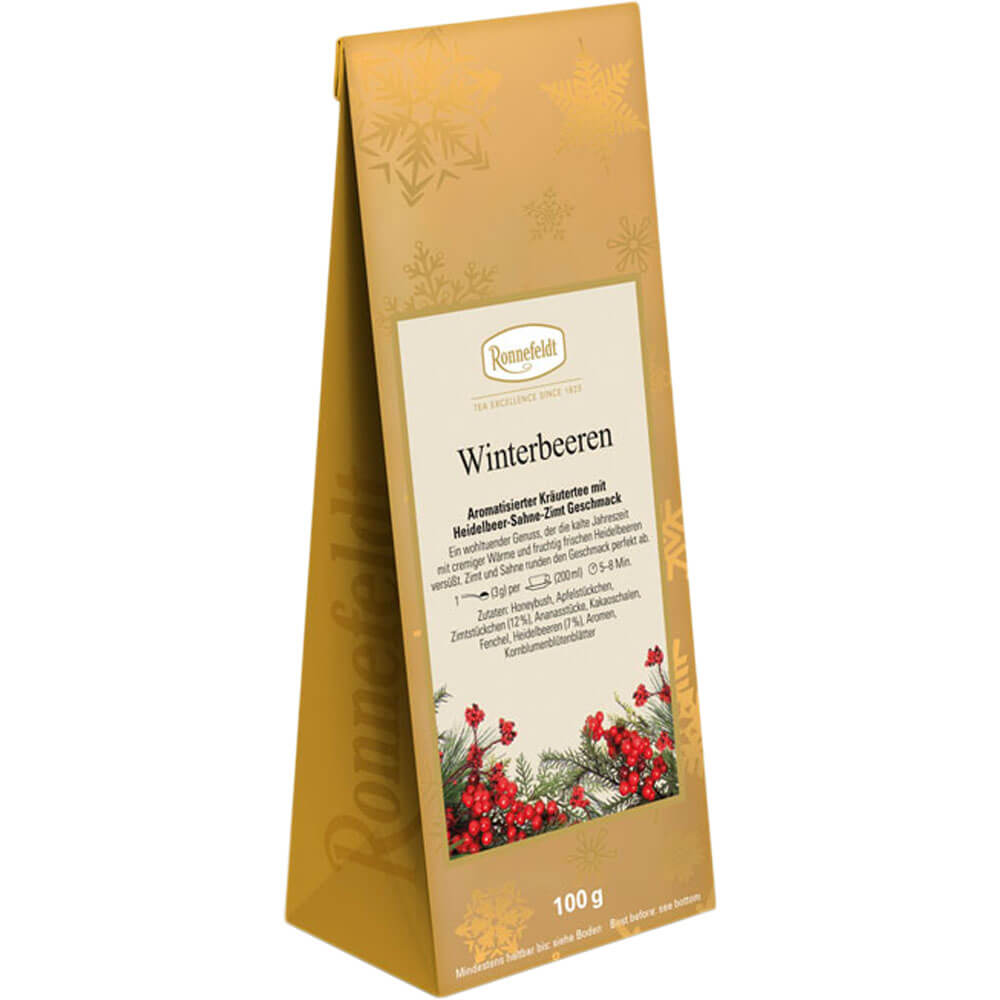 Aromatisierter Ronnefeldt Kräutertee Winterbeeren mit Heidelbeer-Sahne-Zimt Geschmack in goldener Packung