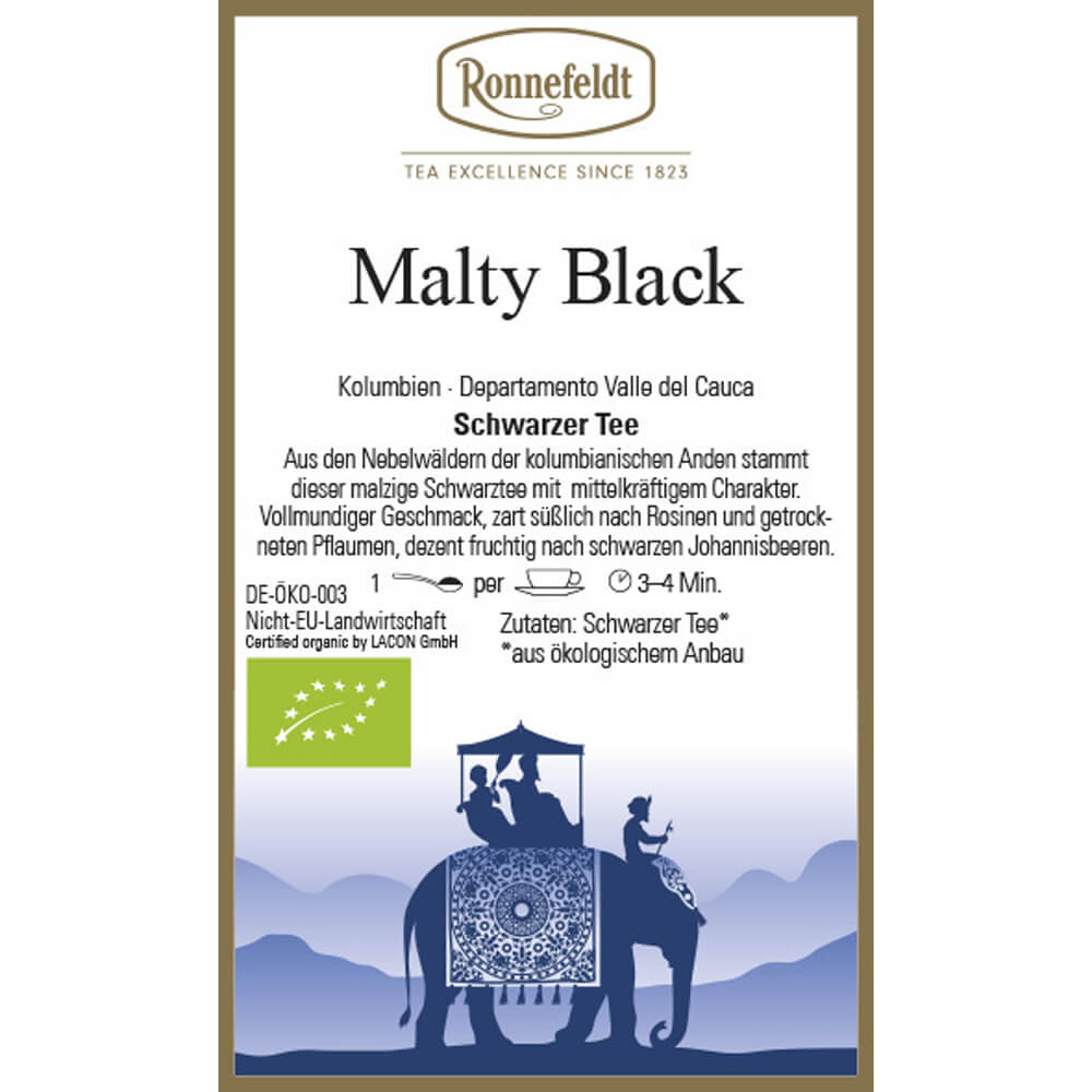 Ronnefeldt Schwarztee Kolumbien Malty black bio Etikett