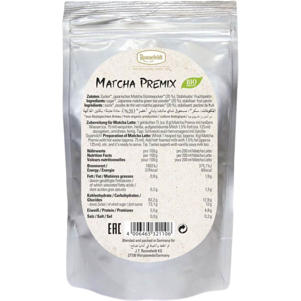 Zutatenliste und Nährwertangaben des Ronnefeldt Matcha Premix – Bio-Matcha-Tee mit Zubereitungshinweis auf der Rückseite