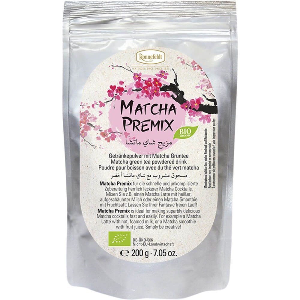 Ronnefeldt Matcha Premix Bio – Verpackung mit Kirschblütenmotiv, 200g grünes Teepulver für Matcha Latte oder Smoothies