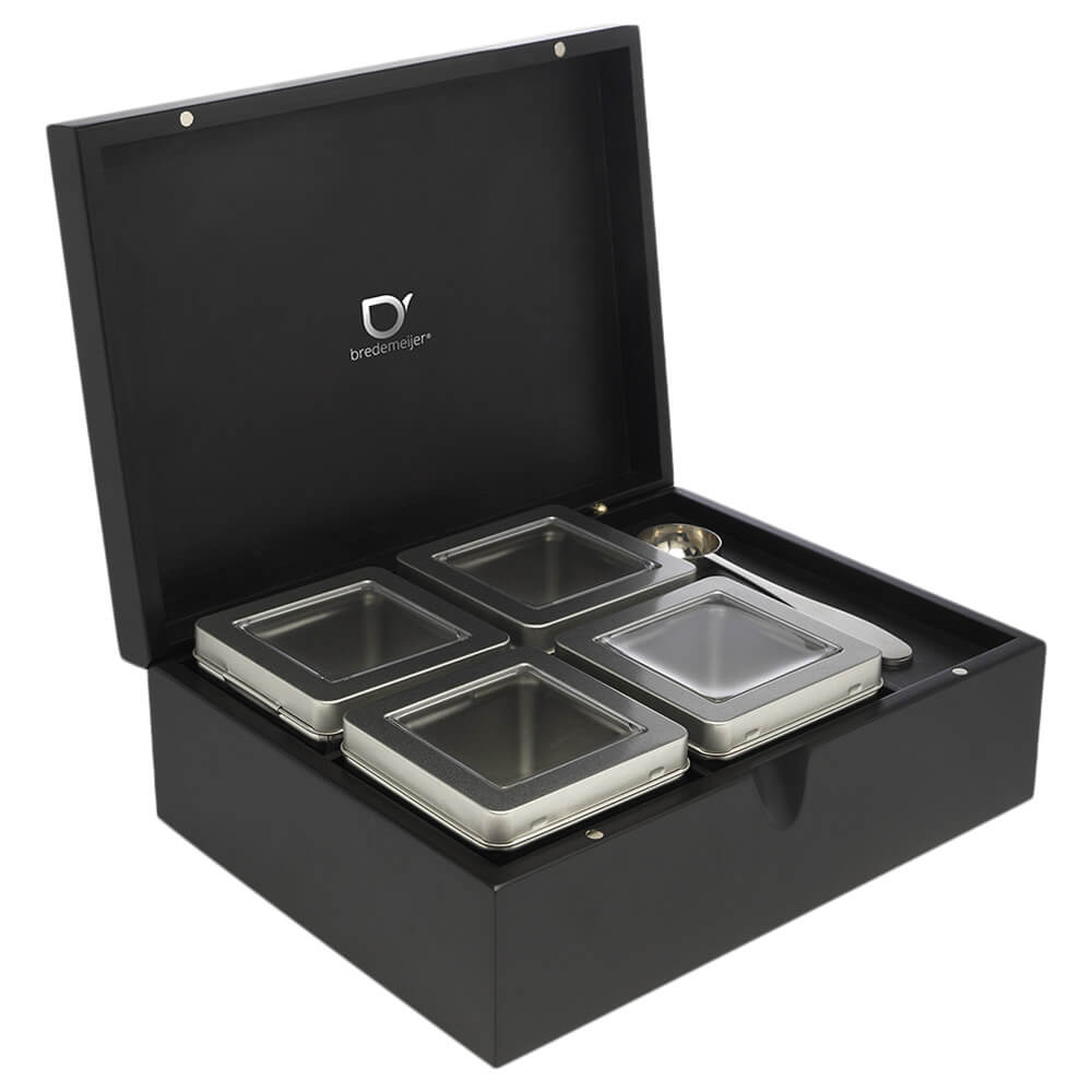 Teebox mit vier Teedosen schwarz und Teemaßlöffel offen#box_bambus-schwarz