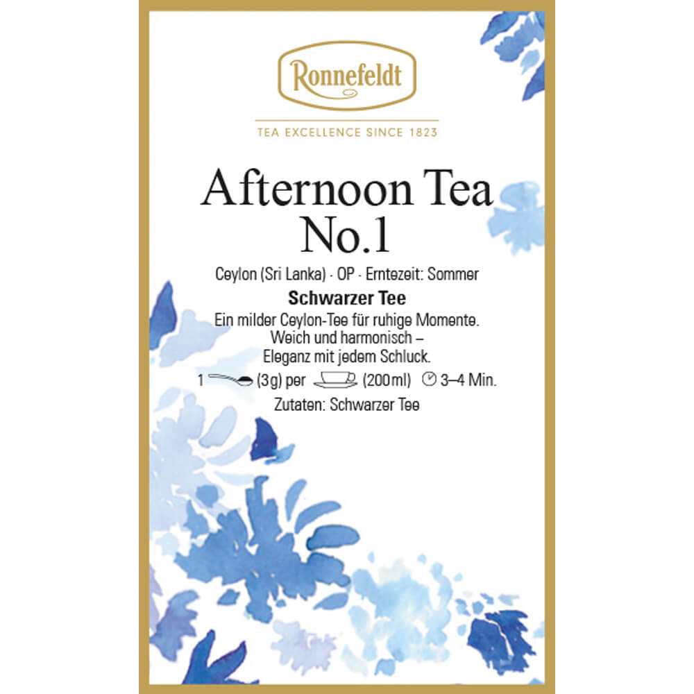 Ronnefeldt Afternoon Tea No. 1 Ceylon Schwarztee – Etikett mit Zubereitung