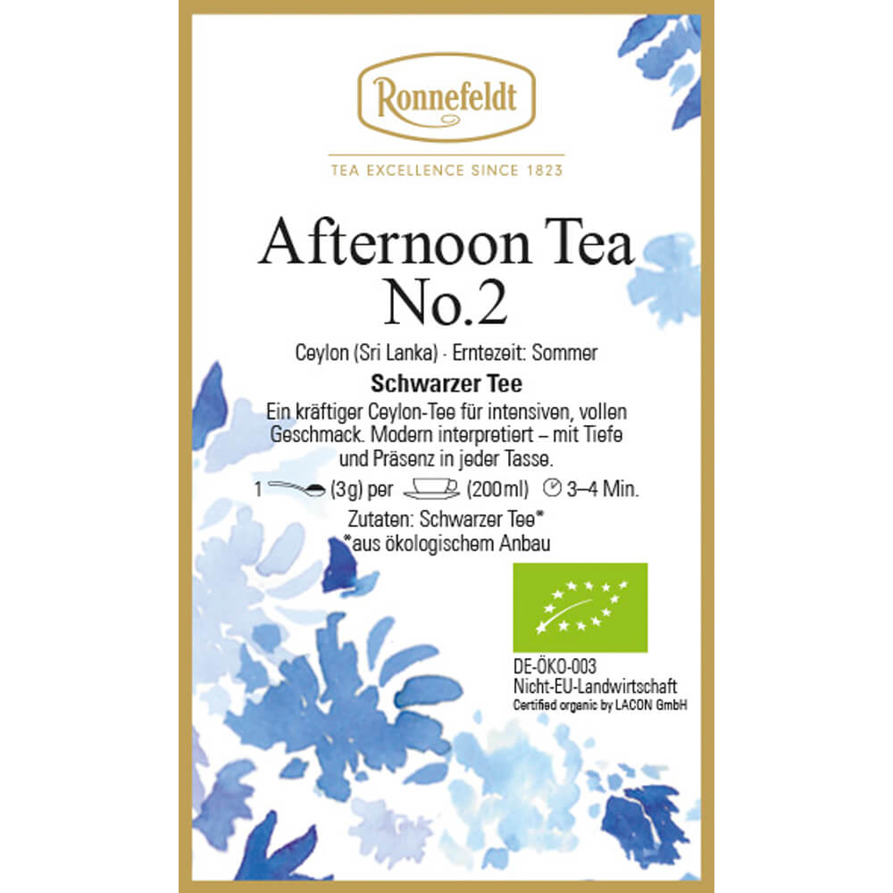 Etikett von Ronnefeldt Afternoon Tea No. 2 Bio Ceylon Schwarztee mit Zubereitungshinweisen