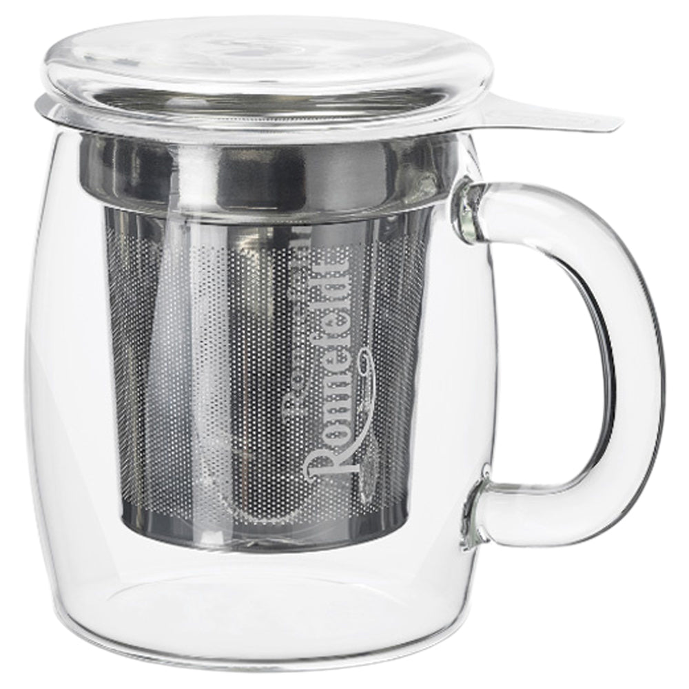 Ronnefeldt All in One Teeglas mit Edelstahl-Sieb, Glasdeckel und Logo für losen Tee