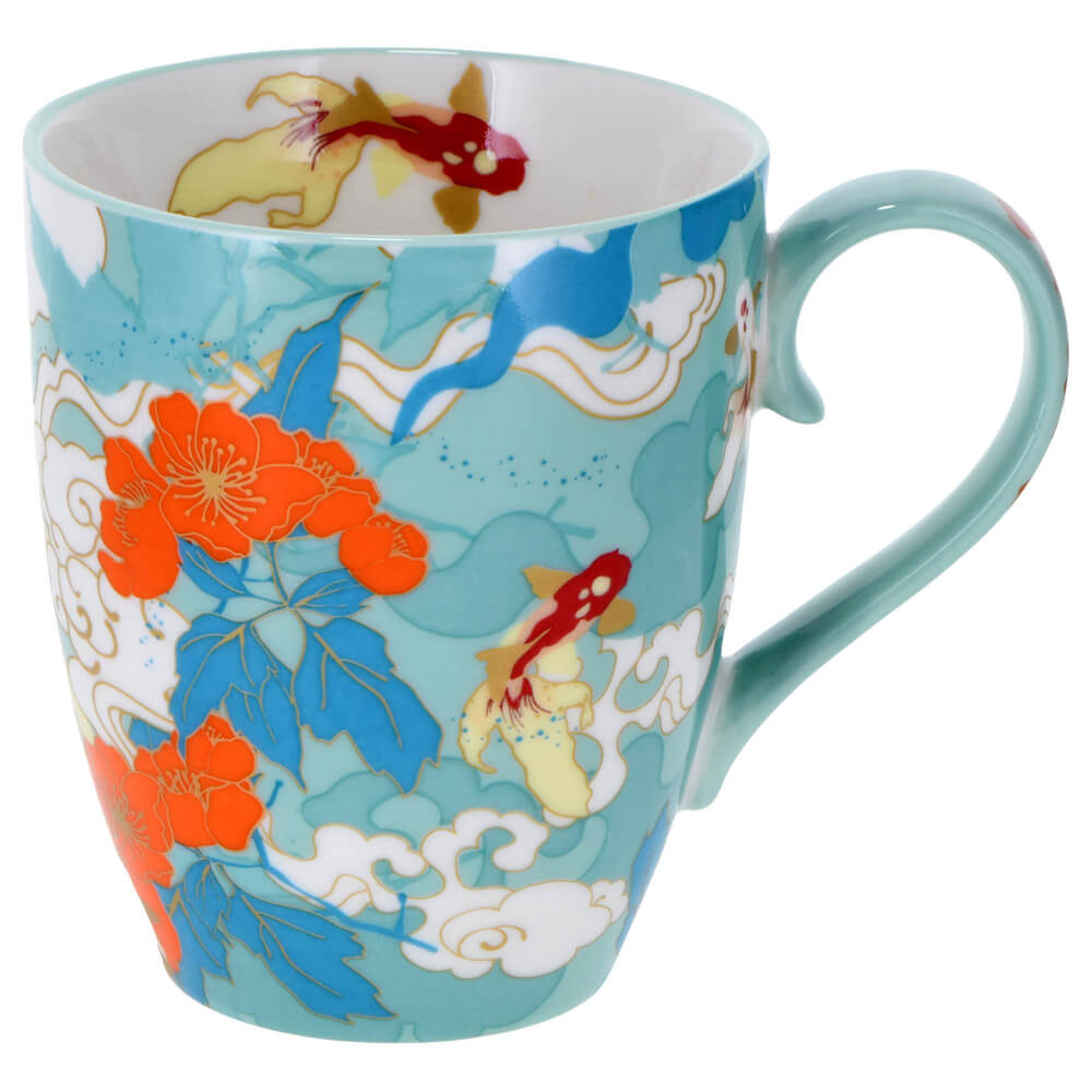 Porzellanbecher Kawaii Goldfisch mit japanischem Fischmotiv, floralen Elementen und Wellenornamenten#teebecher_goldfisch