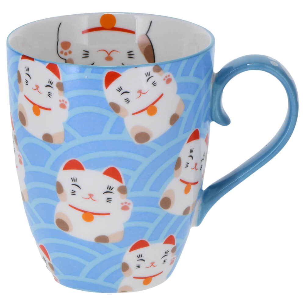 Porzellanbecher Kawaii Lucky Cat mit blauen Wellenmuster und Maneki-neko Motiv#teebecher_lucky-cat