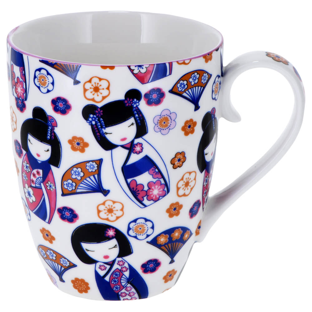 Porzellanbecher Kawaii Maiko mit japanischen Figuren, Fächern und floralen Motiven#teebecher_maiko