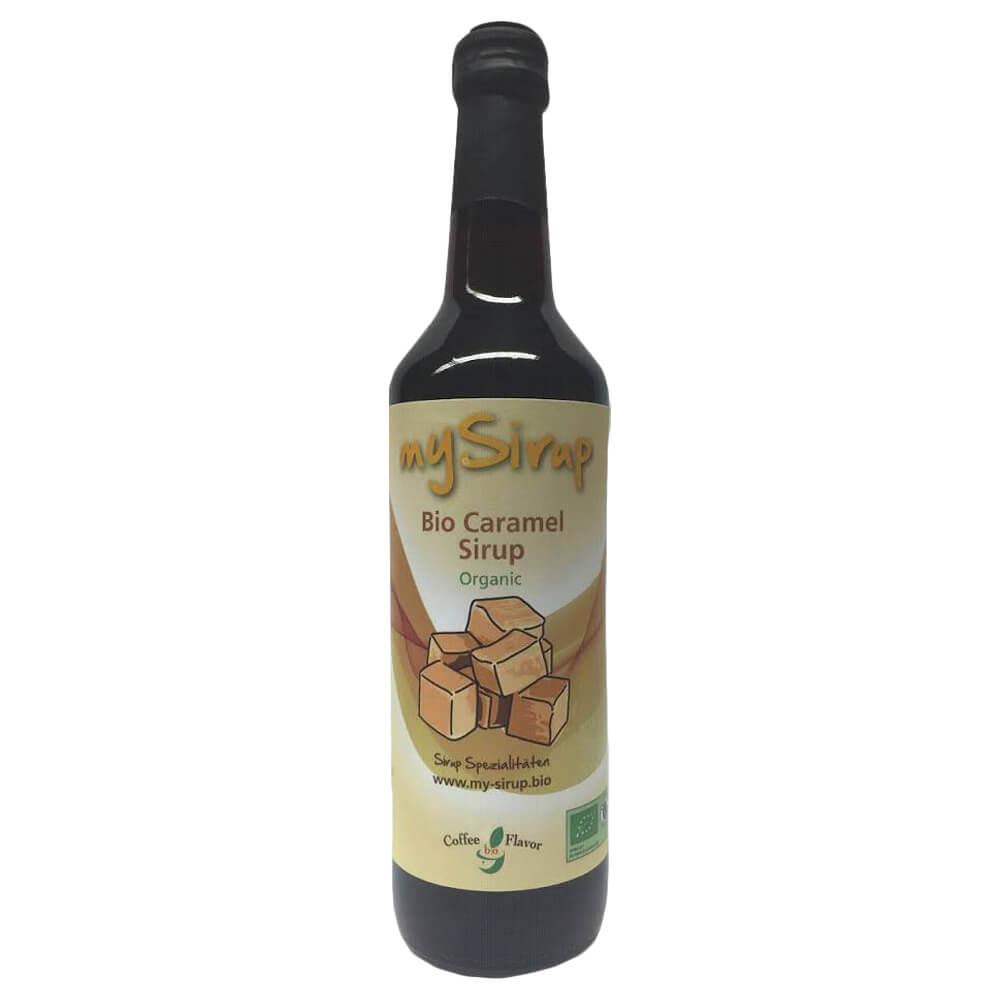 mySirup Caramel Sirup bio in dunkler Flasche mit schwarzem Verschluss und Karamellstücken auf dem beigefarbenen Etikett