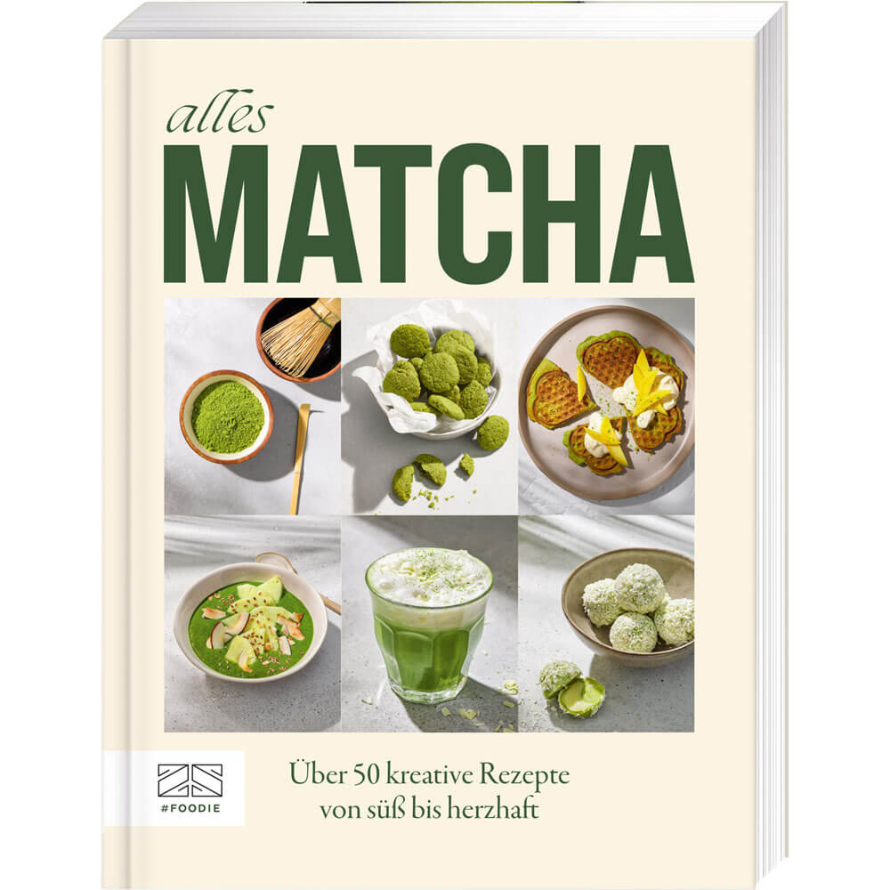 Buchcover „alles Matcha“ mit grüner Typografie und Bildern von Matcha-Rezepten wie Getränken, Gebäck, Desserts und herzhaften Speisen