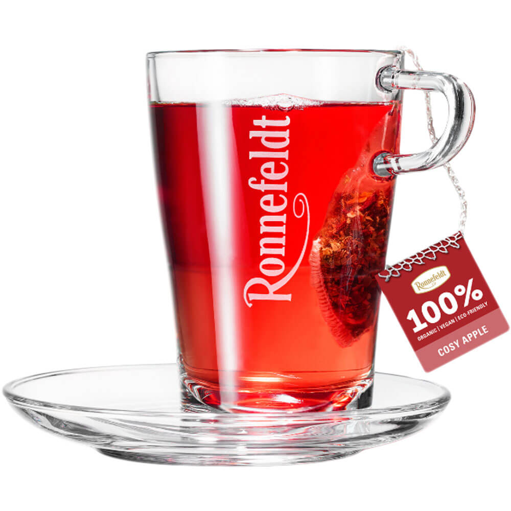 Ronnefeldt Cosy Apple bio Früchtetee im Glas mit Premium Teebeutel und rotem Aufguss