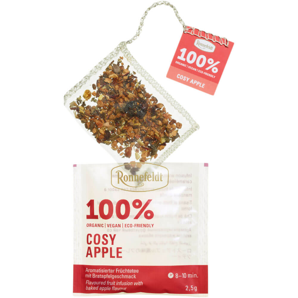 Ronnefeldt Cosy Apple bio Premium Teebeutel mit sichtbarer Früchteteemischung und einzeln verpacktem Sachet