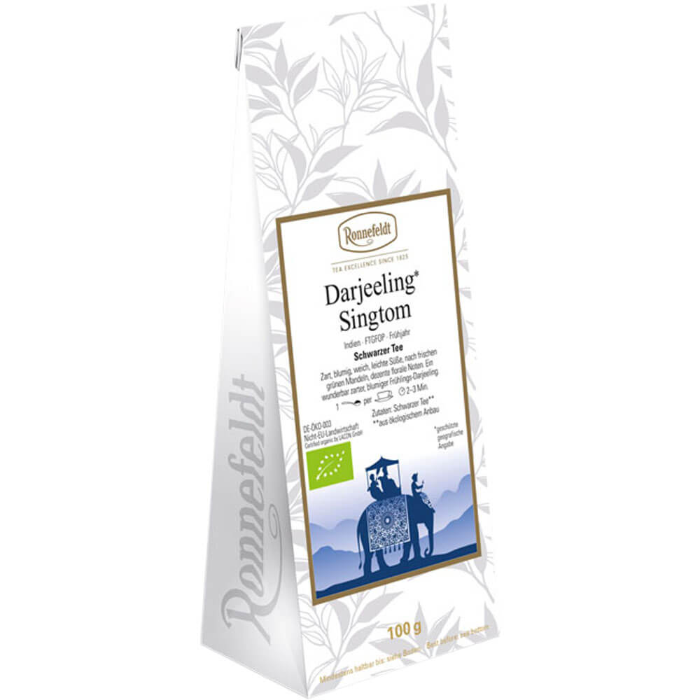 Ronnefeldt Darjeeling Singtom Bio schwarzer Tee in 100 g Packung mit weißem Design und blauem Elefantenmotiv