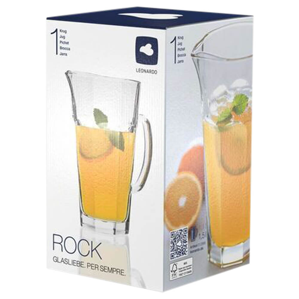 Verpackung des Glaspitcher Rock von Leonardo mit Abbildung eines gefüllten Glaskrugs für kühle Getränke