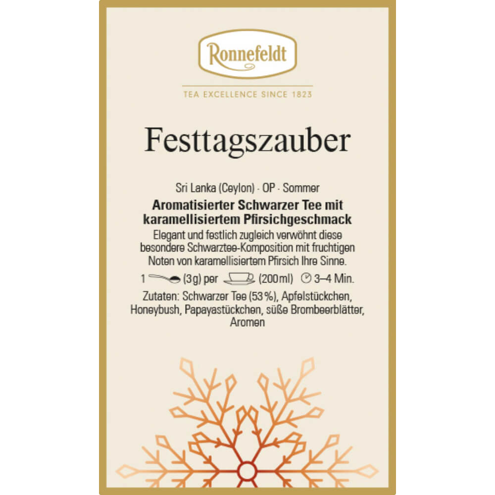 Etikett von Ronnefeldt Festtagszauber mit karamellisiertem Pfirsichgeschmack