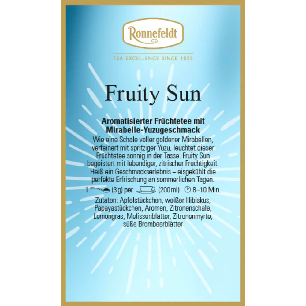 Etikett von Ronnefeldt Fruity Sun aromatisierter Früchtetee mit Mirabelle und Yuzu