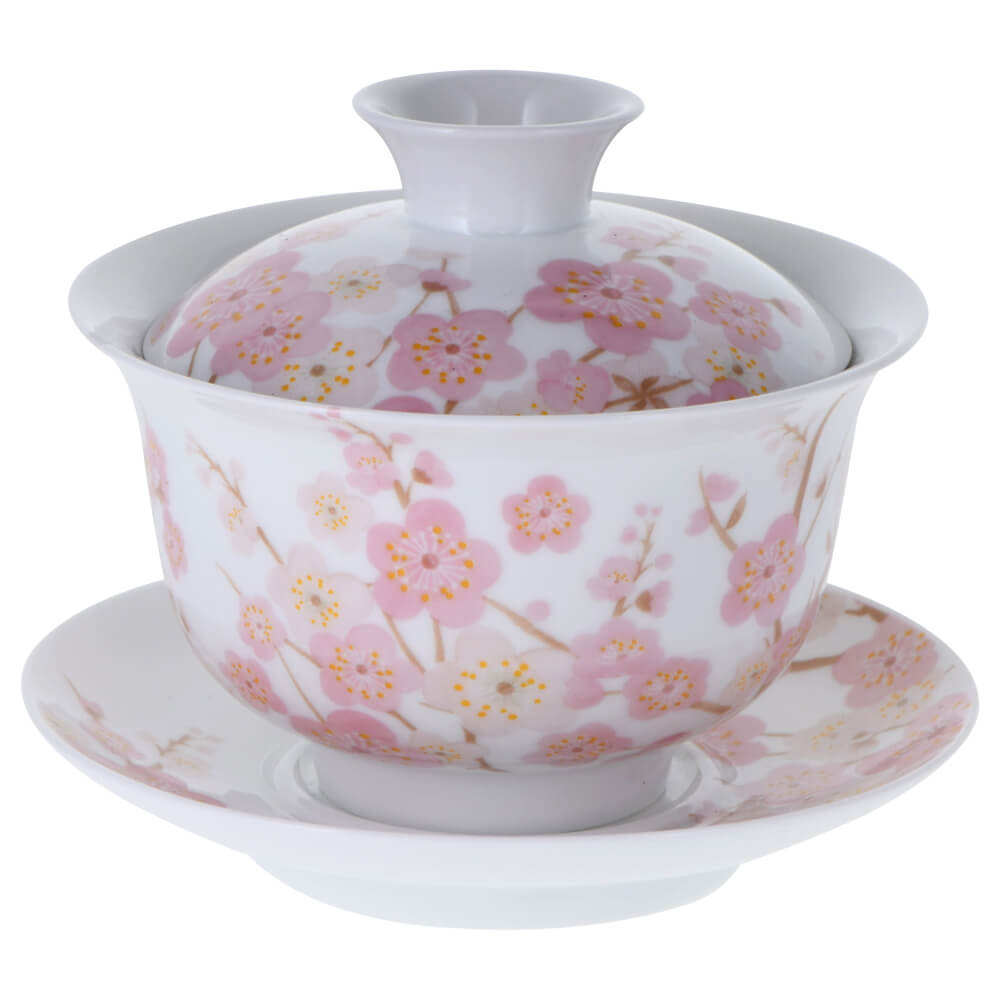Gaiwan aus weißem Porzellan mit Deckel, Unterteller und zartem rosa Kirschblüten-Dekor im Design Yoshino#gaiwan_yoshino-160ml