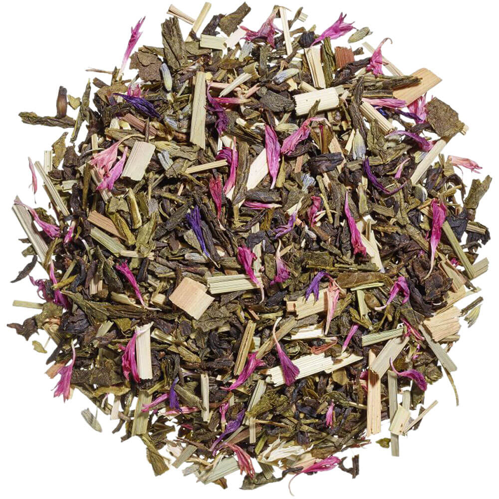 Aromatisierter Grüntee Glückszeit von Ronnefeldt mit Zitronengras, Lavendelblüten und Kornblumenblüten