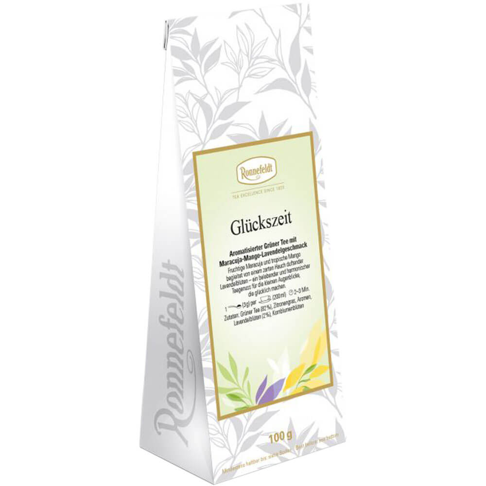 Ronnefeldt Grüntee Glückszeit – aromatisierter Grüntee mit Mango, Maracuja und Lavendel in der Packung
