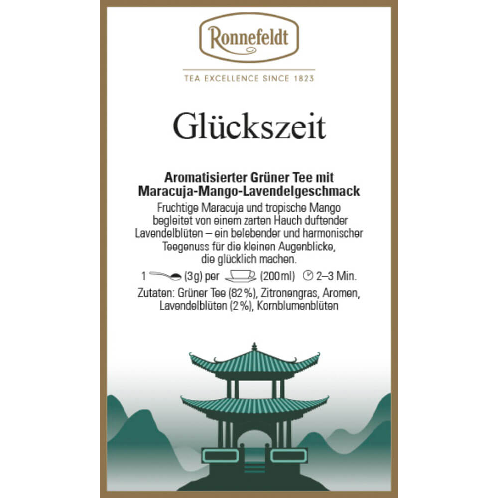 Standard Etikett Ronnefeldt Grüntee Glückszeit – aromatisierter grüner Tee mit Maracuja-Mango-Lavendelgeschmack