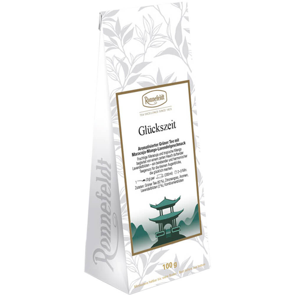 Ronnefeldt Grüntee Glückszeit – aromatisierter Grüntee mit Mango, Maracuja und Lavendel in der Standardpackung