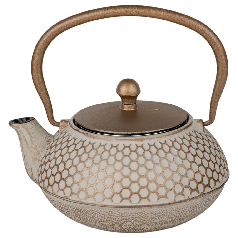 Gusseiserne Teekanne Jiangxi 0,7 L in Beige mit goldenem Wabenmuster und Henkel#eisenkanne-aus-china_beige