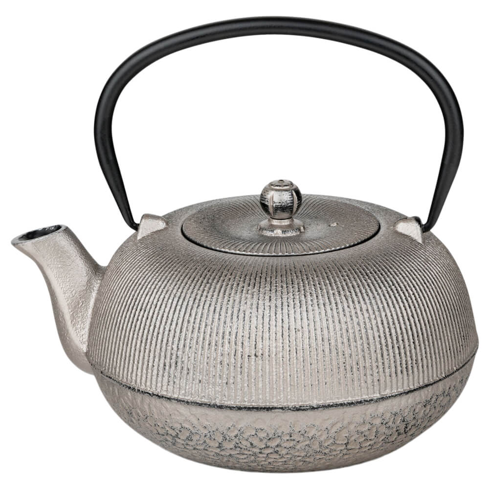 Gusseisen Teekanne Sichuan in Champagnerfarbe mit schwarzem Henkel und feiner Rillenstruktur#eisenkanne-aus-china_champagne
