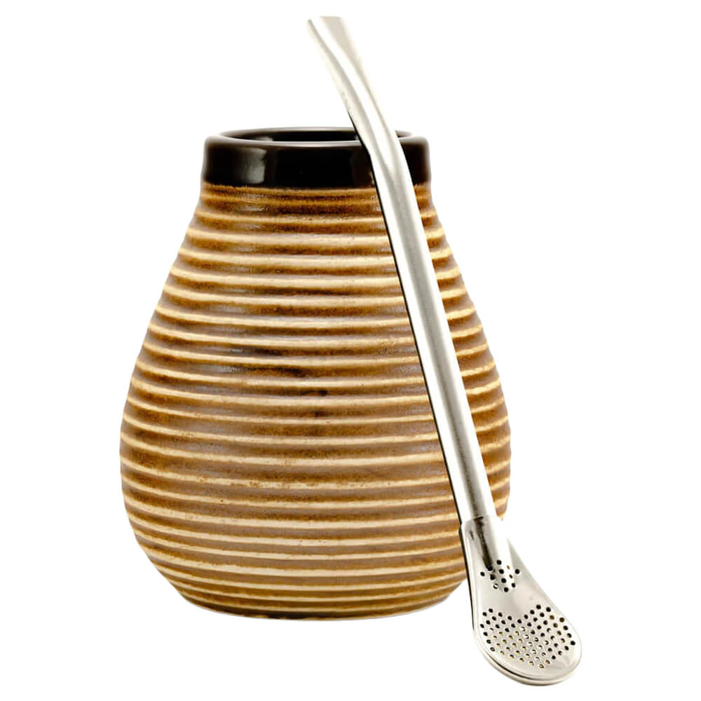 Braun-beiger Keramik-Matebecher im Vintage-Look mit Edelstahl-Bombilla#becher_vintage