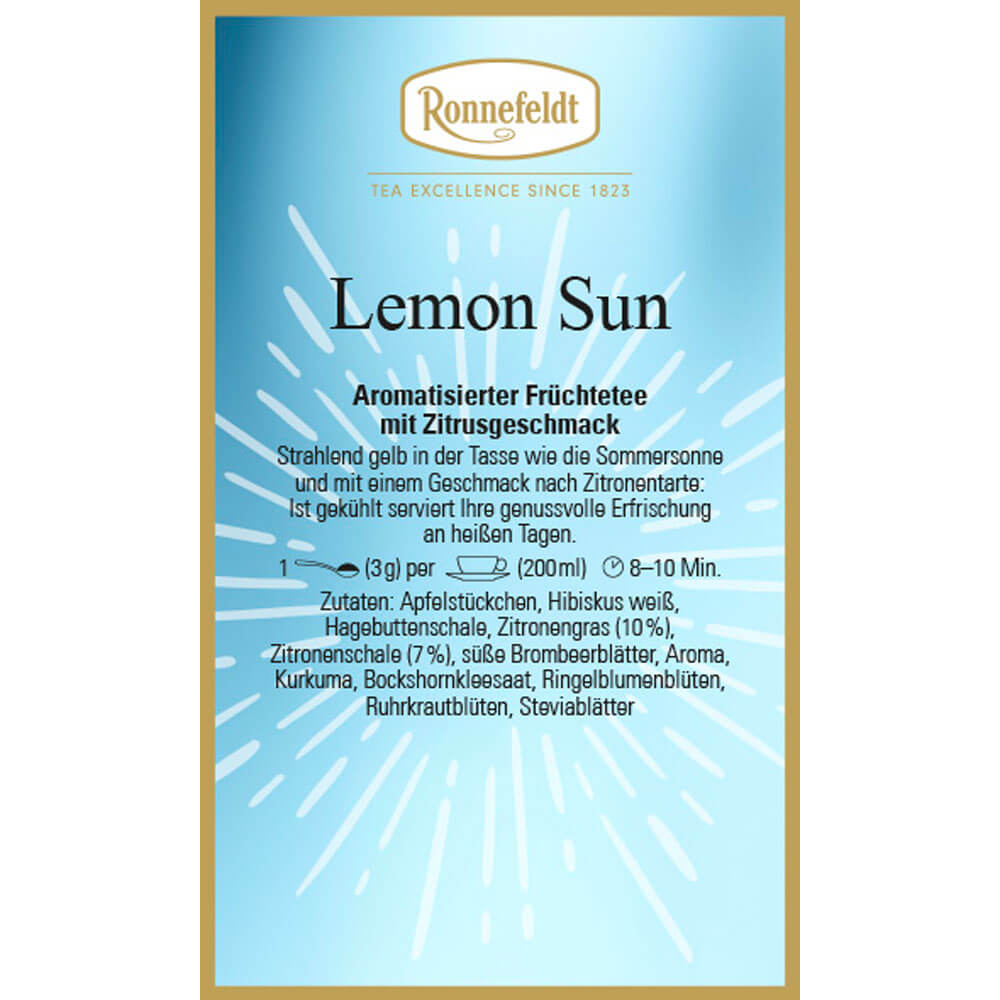 Etikett von Ronnefeldt Lemon Sun aromatisierter Früchtetee mit Zitrusgeschmack und Eistee-Hinweis