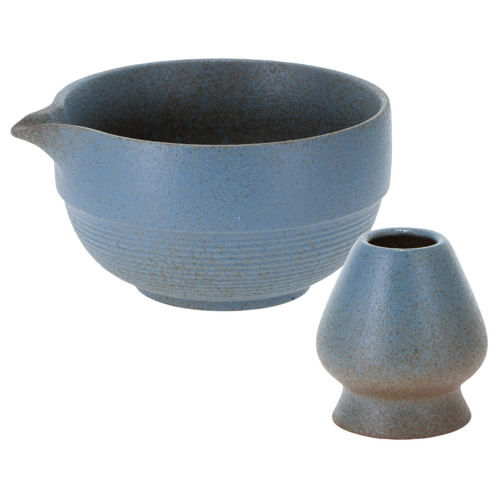 Matcha Latte Basic Set in Blau-Bronze mit Porzellanschale mit Ausguss und Besenhalter, 360 ml#set_blau-bronze