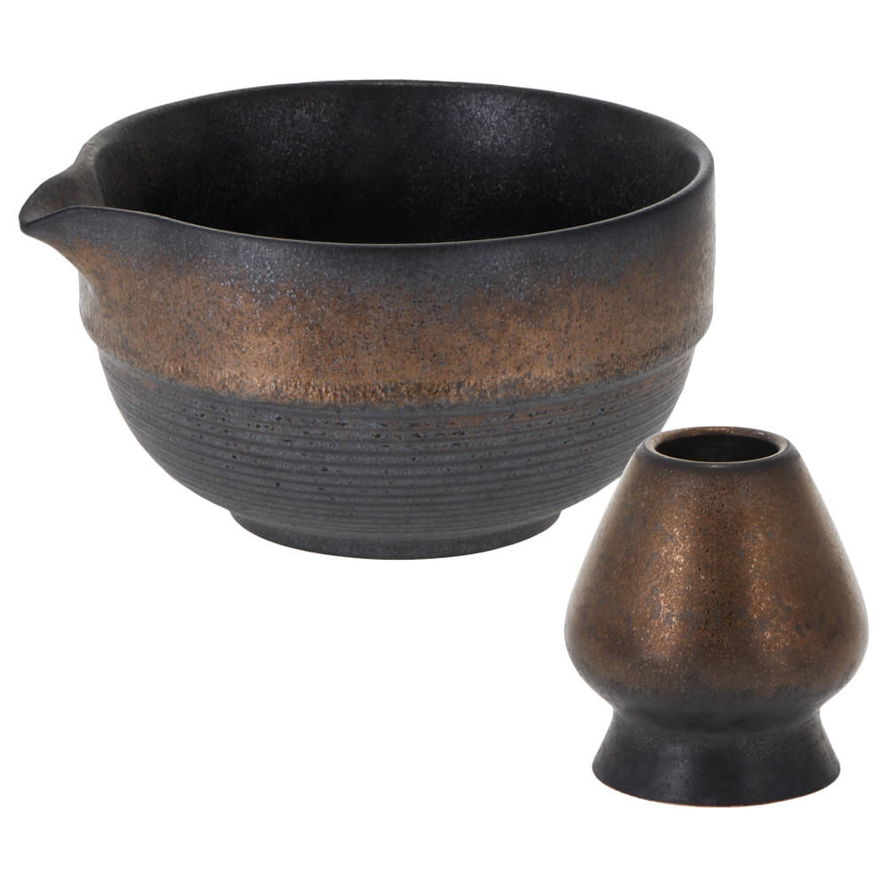 Matcha Latte Basic Set in Bronze-Braun mit Porzellanschale mit Ausguss und Besenhalter, 360 ml#set_bronze-braun