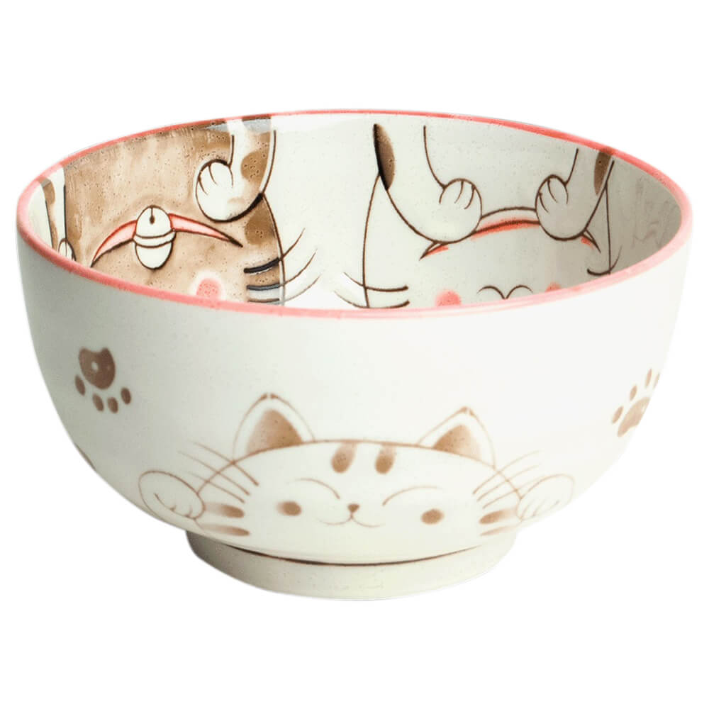 Japanische Matchaschale Akai Neko aus Keramik mit handgezeichnetem Katzenmotiv in warmen Creme- und Rosétönen#set_akai-neko-4-teilig