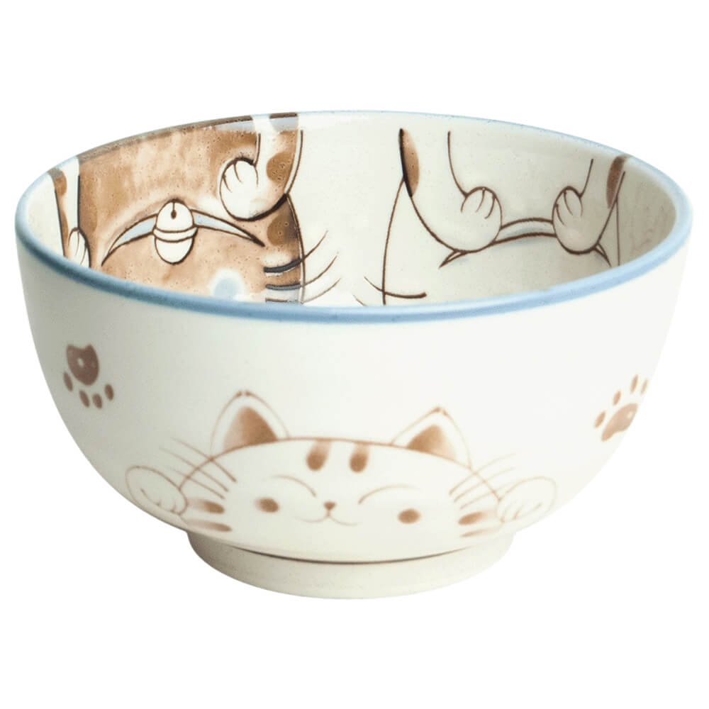 Japanische Matchaschale Aoi Neko aus Keramik mit Katzenmotiv und hellem Fond mit blaugrauem Rand#set_aoi-neko-4-teilig