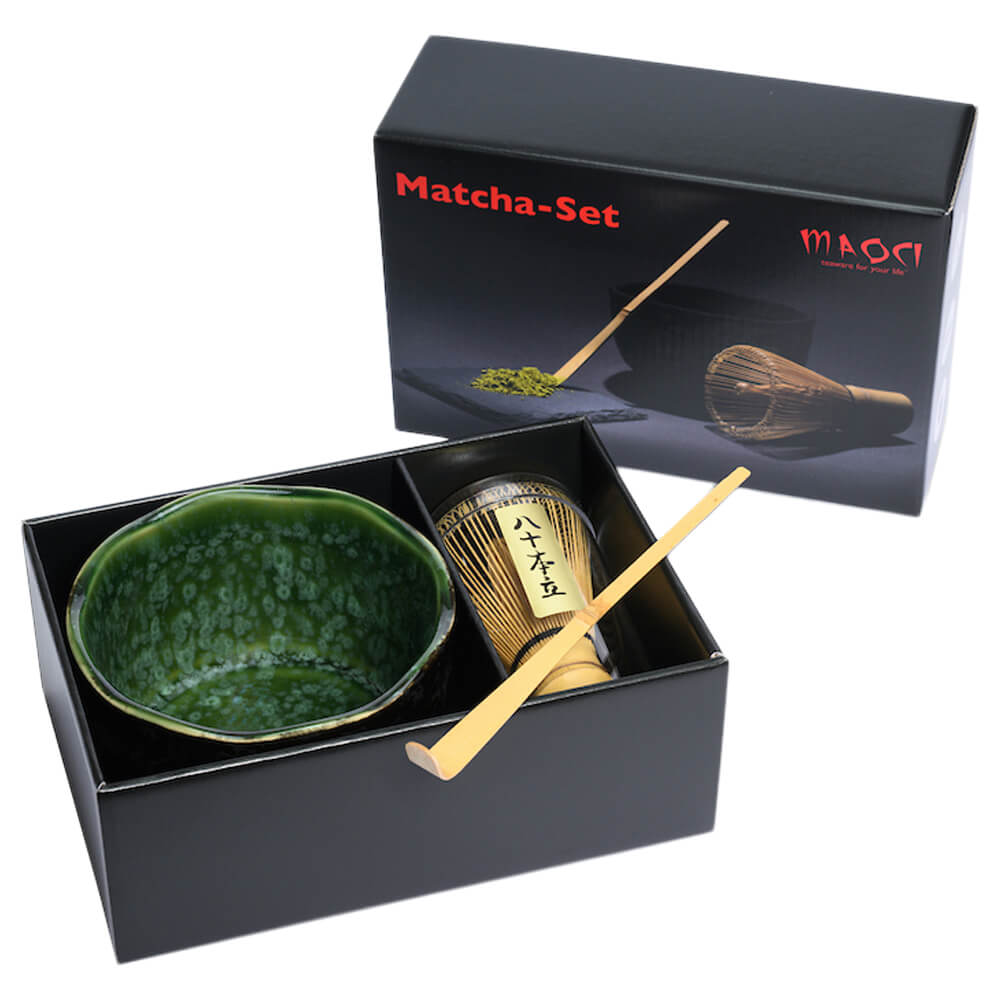 Matchaset dreiteilig Schale schwarz gesprenkelt innen grün#variante_schale-schwarz-gesprenkelt-innen-gruen