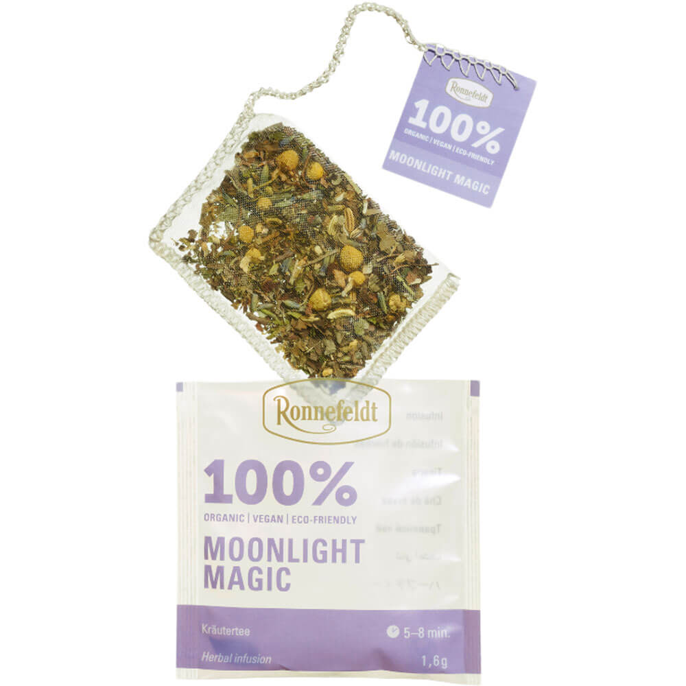 Ronnefeldt Moonlight Magic bio Premium Teebeutel mit sichtbarer Kräutermischung und einzeln verpacktem Sachet