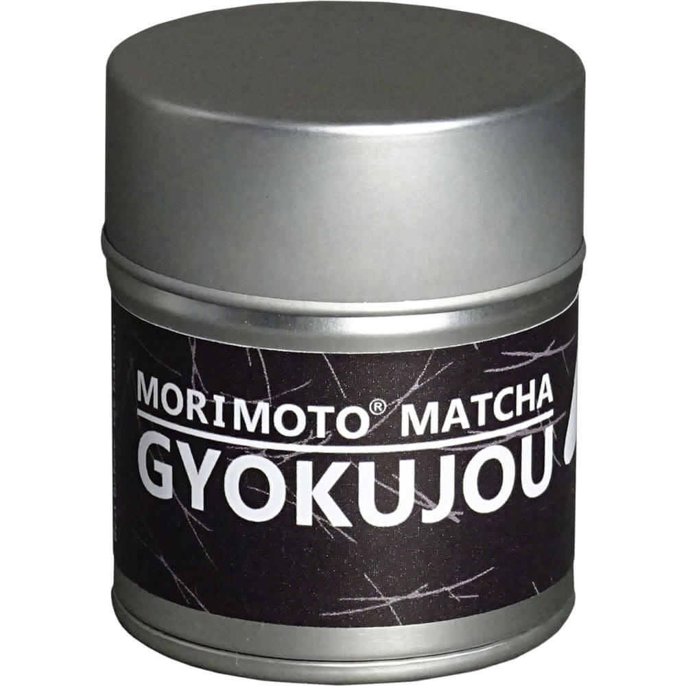 Runde Metalldose mit schwarzem Etikett, großem japanischen Schriftzeichen und der Aufschrift „Morimoto Matcha Gyokujou“ – Premium-Matcha aus Miyazaki, Japan, neu#variante_20g-dose
