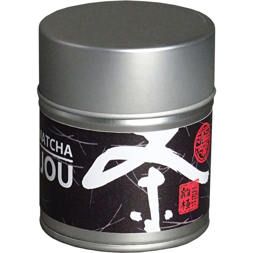 Rückansicht der Matcha-Dose mit Produktinformationen und Bio-Hinweisen – Morimoto Matcha Gyokujou, sorgfältig verarbeitet in Kyushu, Japan, neu#variante_20g-dose