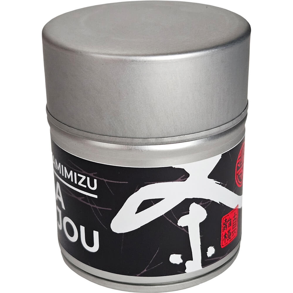 Rückansicht der Matcha-Dose mit Produktinformationen und Bio-Hinweisen – Morimoto-Kamimizu Matcha Gyokujou, sorgfältig verarbeitet in Kyushu, Japan, neu#variante_20g-dose