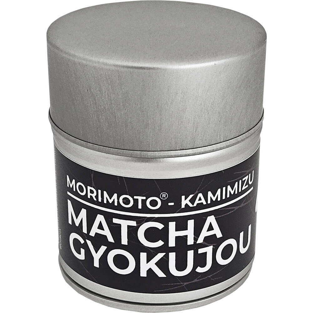 Vorderansicht der Matcha-Dose mit Produktinformationen und Bio-Hinweisen – Morimoto-Kamimizu Matcha Gyokujou, sorgfältig verarbeitet in Kyushu, Japan, neu#variante_20g-dose