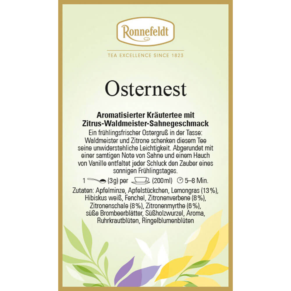 Etikett des Ronnefeldt Kräutertees Osternest mit Beschreibung des Zitrus-Waldmeister-Sahnegeschmacks und Zubereitungsempfehlung