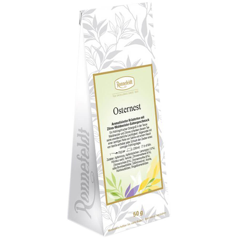 Ronnefeldt Kräutertee Osternest – aromatisierter Kräutertee mit Zitrus-Waldmeister-Sahnegeschmack in dekorativer Saisonverpackung