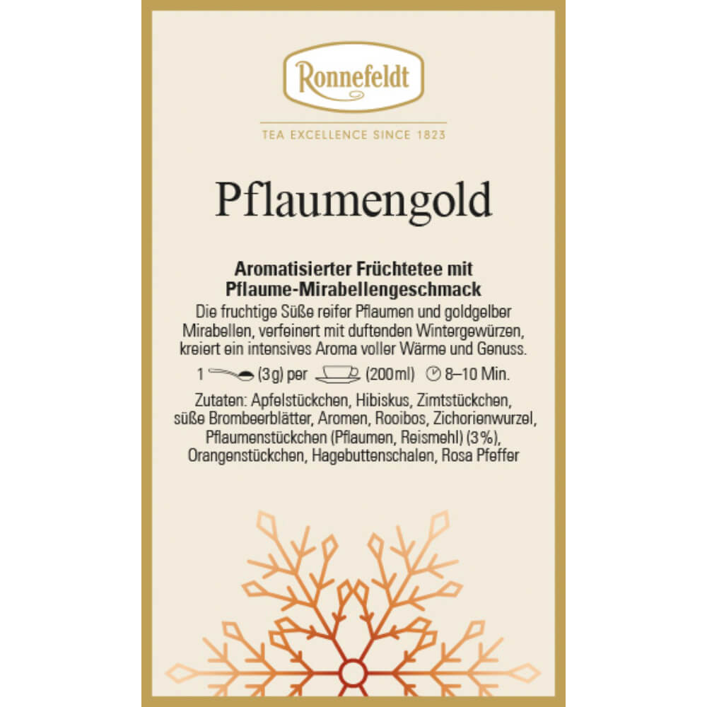 Etikett des Ronnefeldt Wintertees Pflaumengold mit Pflaume-Mirabellengeschmack
