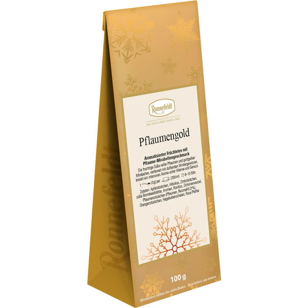 Ronnefeldt Pflaumengold Früchtetee in goldener 100-g-Packung