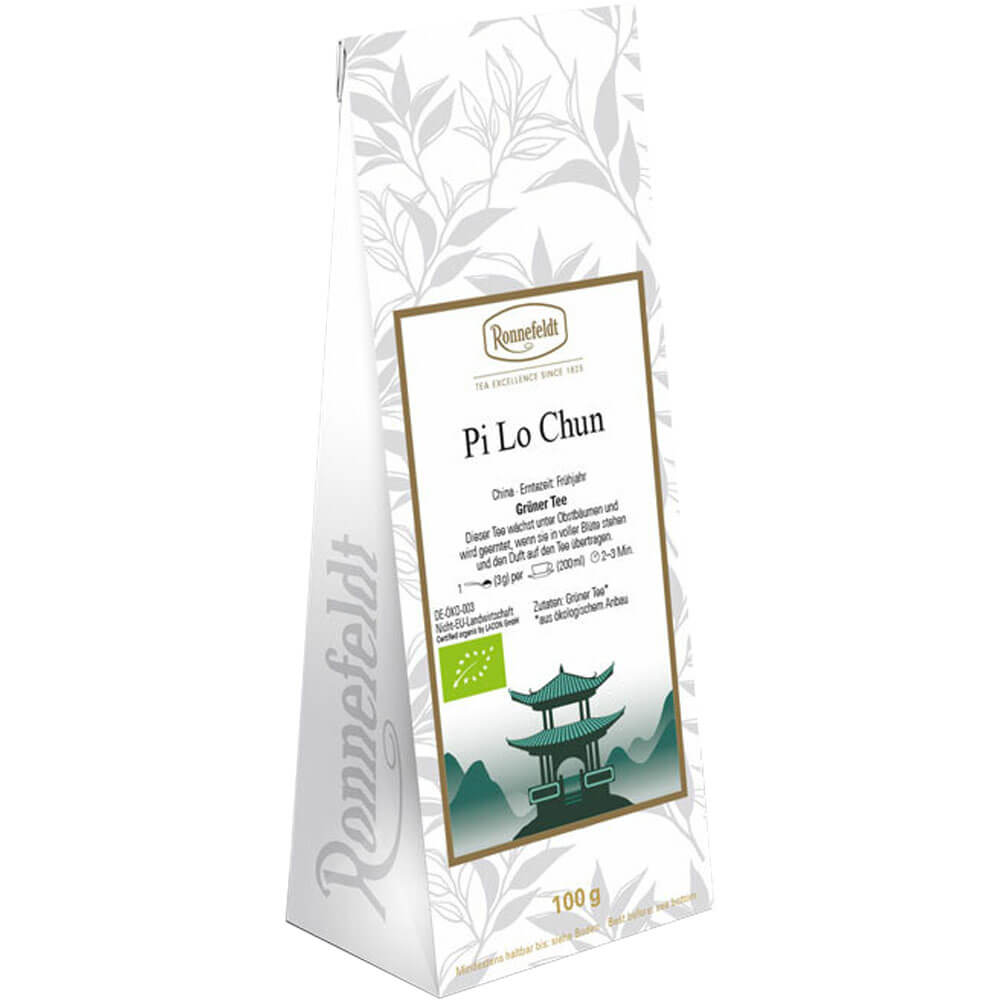 Ronnefeldt Pi Lo Chun Bio Grüntee aus China in weißer 100 g Aromaschutzverpackung mit Pagoden-Motiv und Bio-Siegel