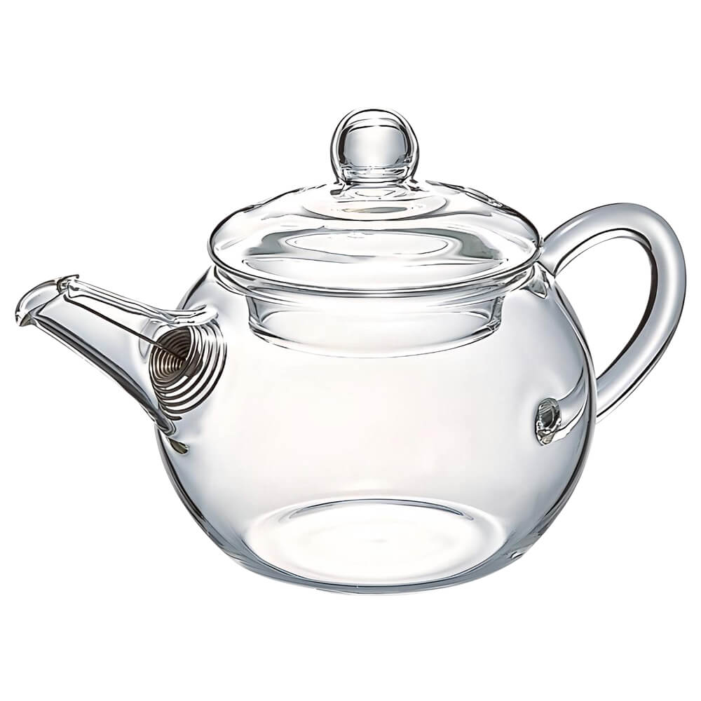 Glasteekanne für Gong Fu Cha Zubereitung mit rundem Körper, Deckel und integriertem Metallsieb am Ausguss