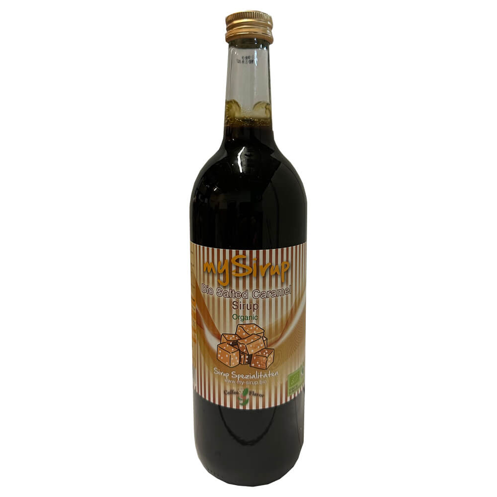 Bio Salted Caramel Sirup in Glasflasche mit Schraubverschluss, karamellisierter Zucker mit Salz, ideal zum Verfeinern von Kaffee, Latte und Tee