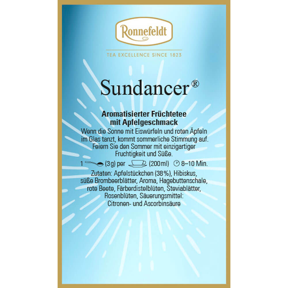 Ronnefeldt Sundancer® Früchtetee Verpackung in sommerlichem Hellblau mit Apfelgeschmack und fruchtiger Eistee-Komposition