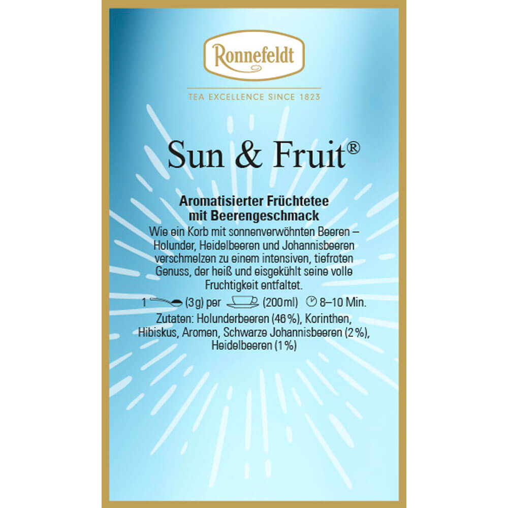 Ronnefeldt Sun & Fruit® Früchtetee Etikett mit Beerengeschmack und sommerlichem Design in Hellblau