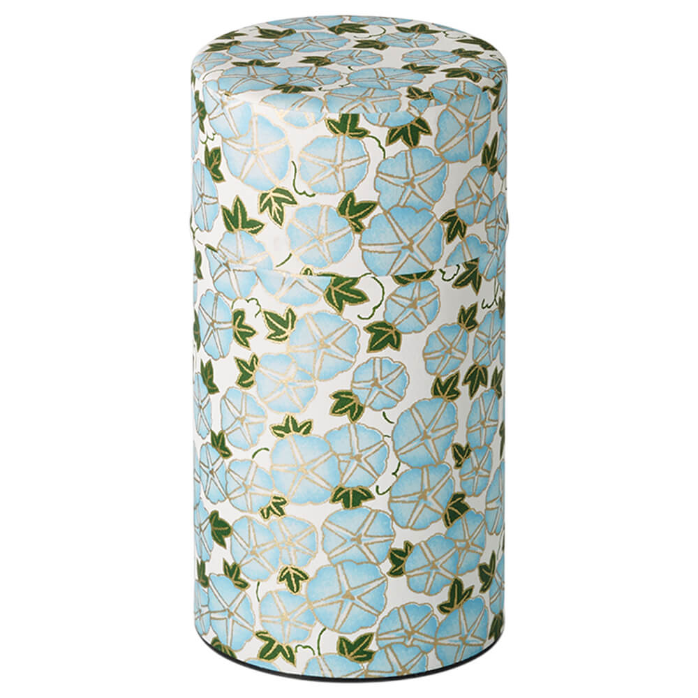 Japanische Teedose Satoru mit hellblauem floralem Muster und grünem Blattdekor#variante_satoru