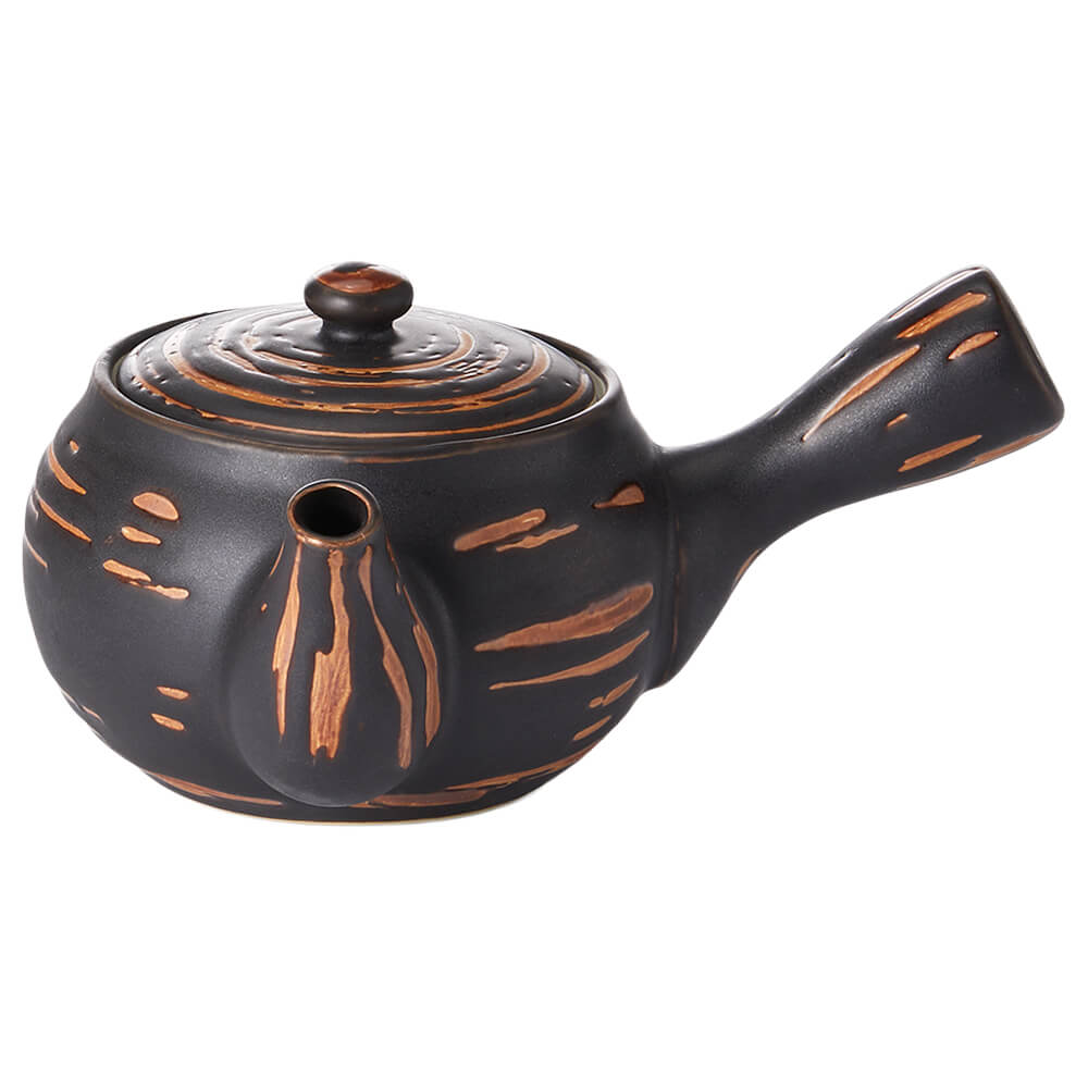 Teekännchen aus Steinzeug in dunkler Glasur mit Seitengriff und Edelstahlsieb#set_kanne-min