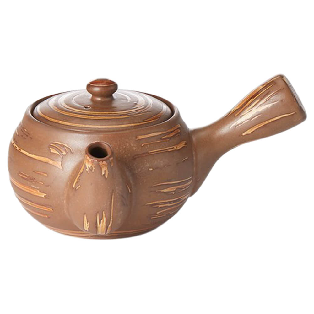 eekännchen aus Steinzeug in warmer Braun-Beige-Glasur mit Seitengriff und Edelstahlsieb#set_kanne-yun